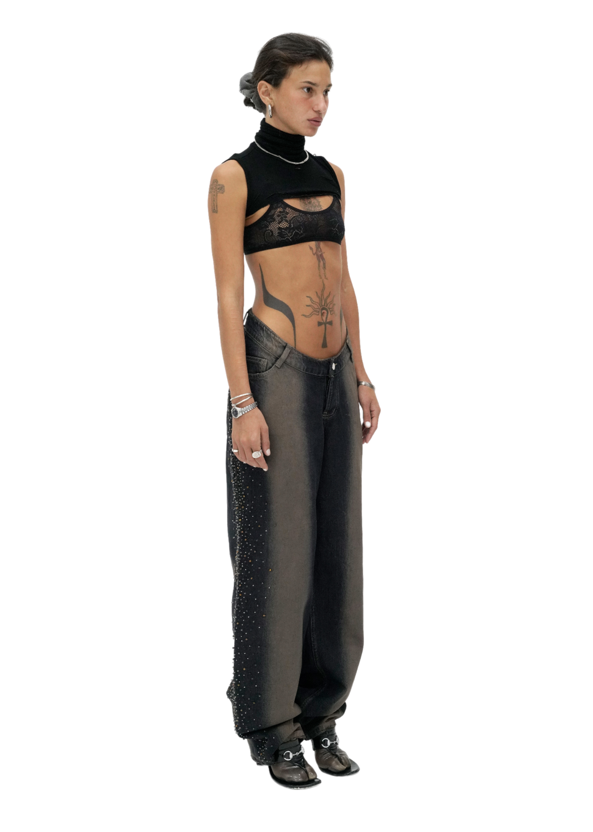 【604SERVICE】 BEADED U SHAPE WAIST JEAN 604service Beaded U Shape Waist Jeans | Garmentory