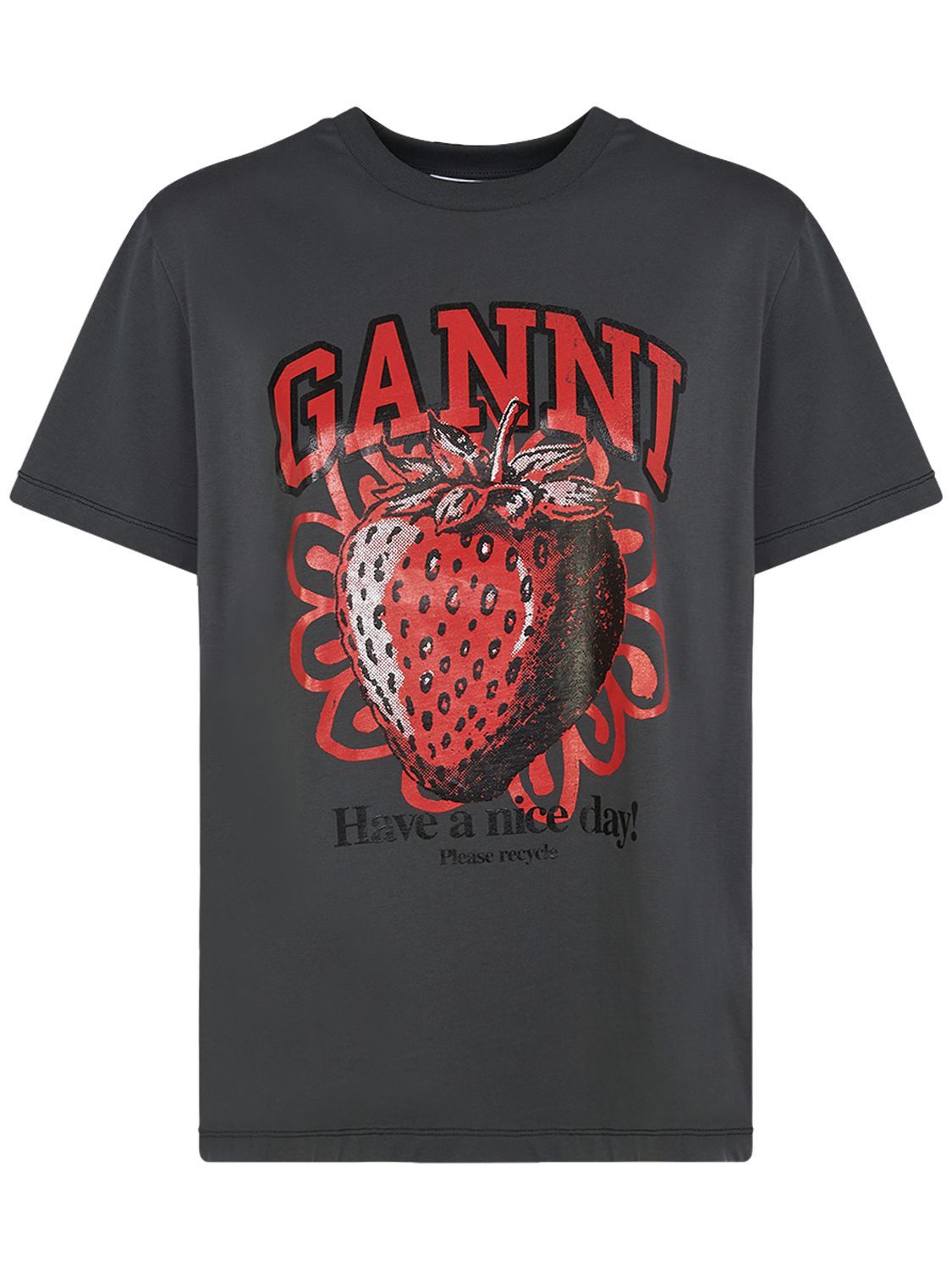 GANNI ストロベリーTシャツ Ganni Strawberry Print Cotton Jersey T-shirt - Black