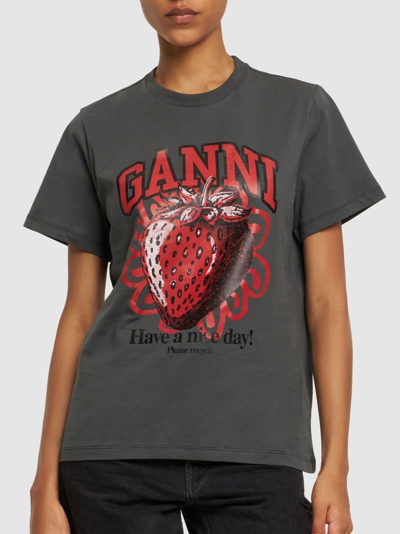 GANNI ストロベリーTシャツ Ganni Strawberry Print Cotton Jersey T-shirt - Black
