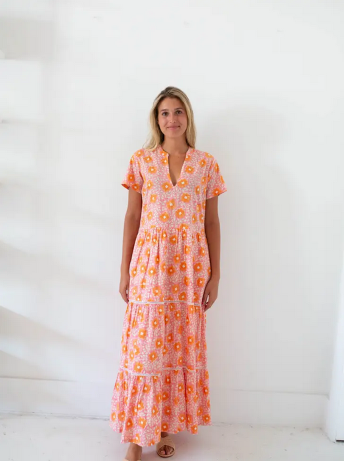 open lace back dress Talia Side Slit Dress (Orange Multi) Medium main image 0