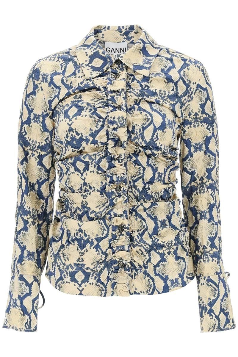 Ganni crinkled satin shirt with snake print | Garmentory
