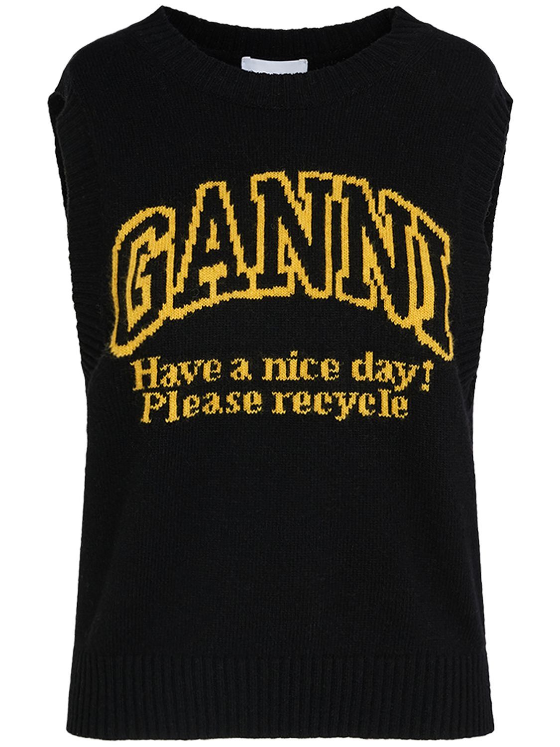 Ganni Graphic Logo Intarsia Wool Blend Vest - Black | Garmentory