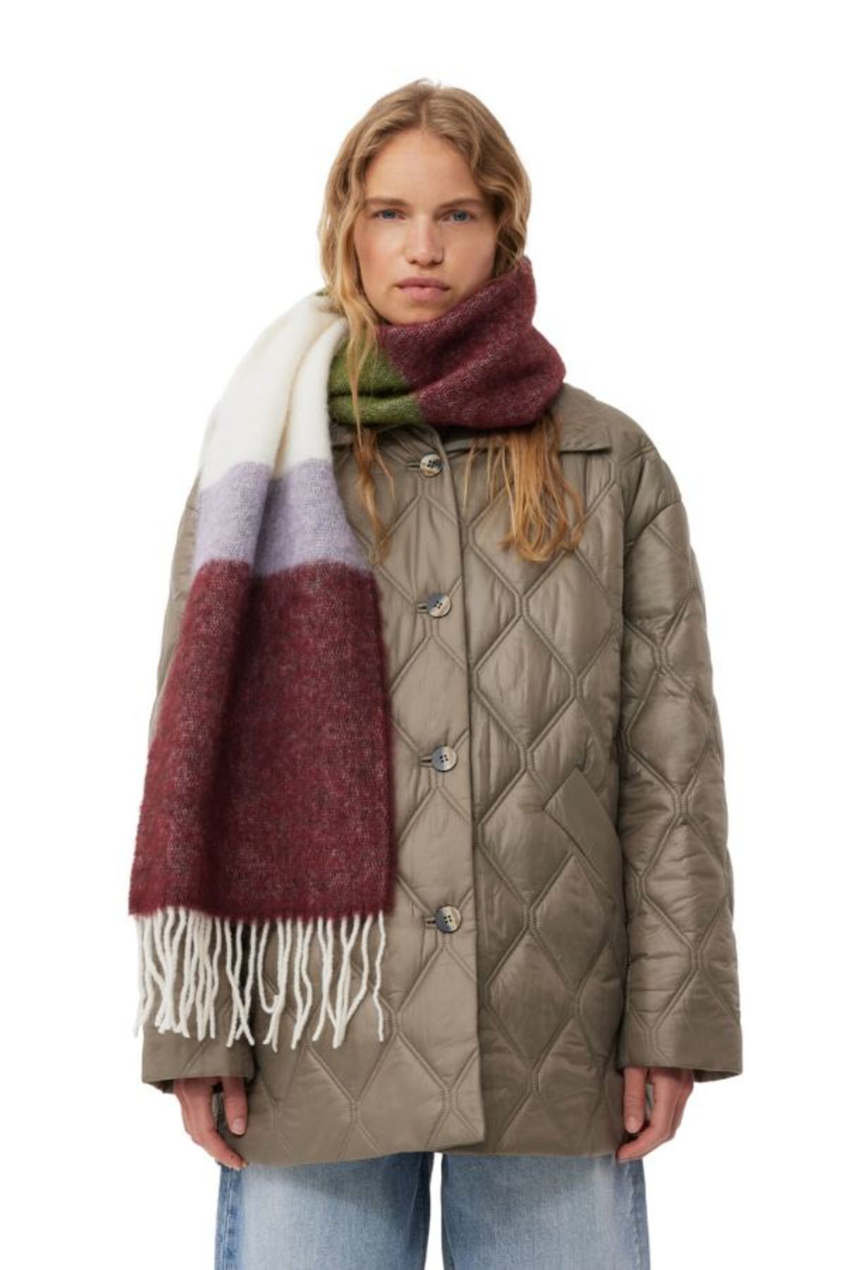 Ganni Striped Fringed Scarf - Burgundy | Garmentory