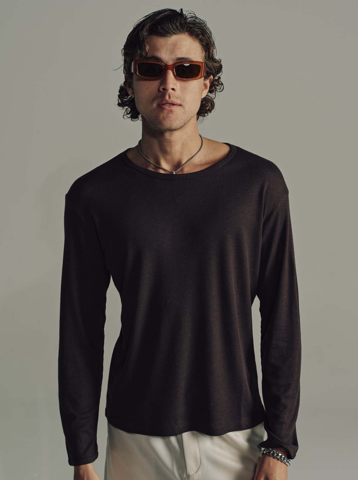 SECOND/LAYER Dias Cortez Long Sleeve Ribbed Tee - Brown | Garmentory