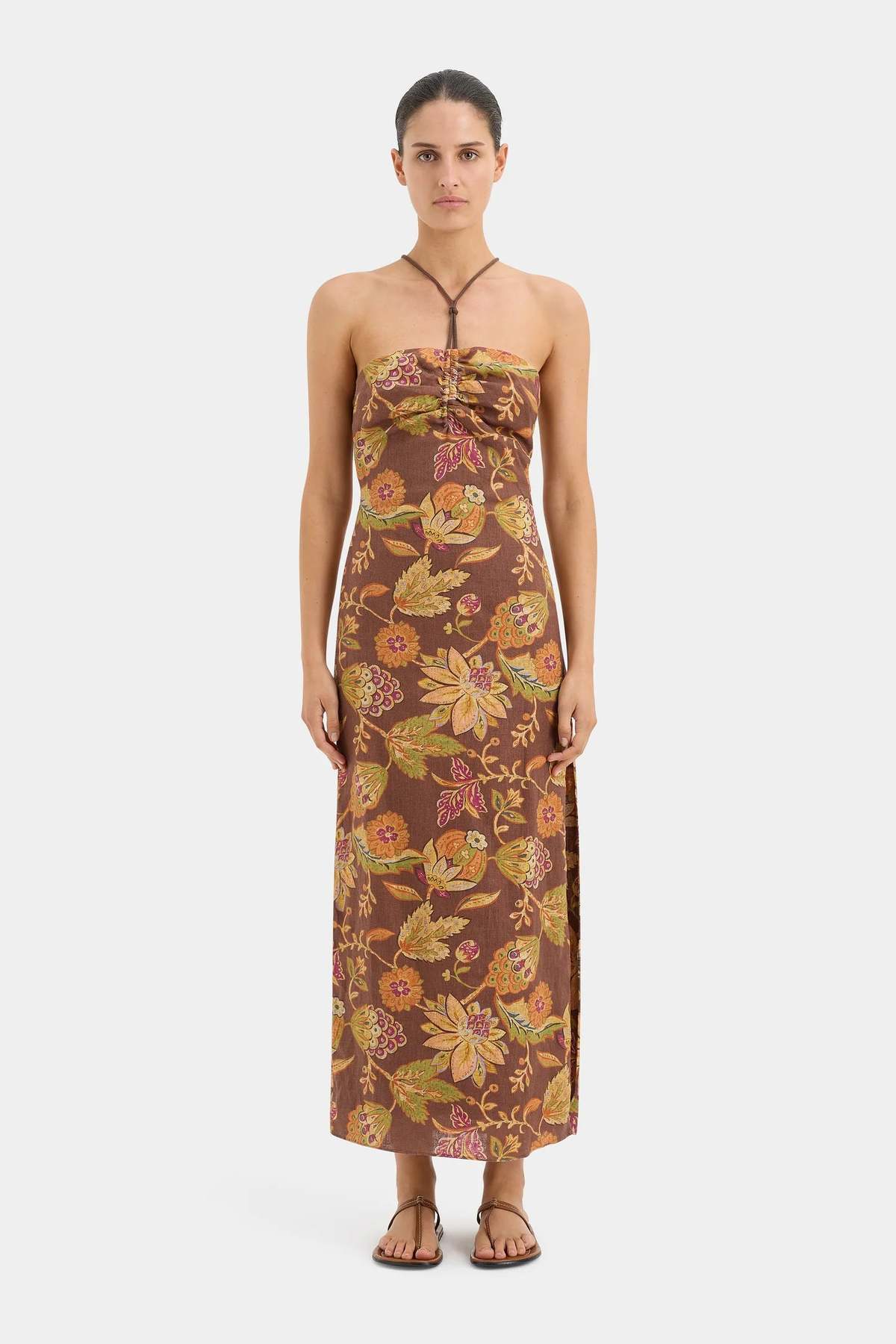 SIR. Josefina Corded Midi Dress - Brown/Mojave Floral - Image 2 of 6