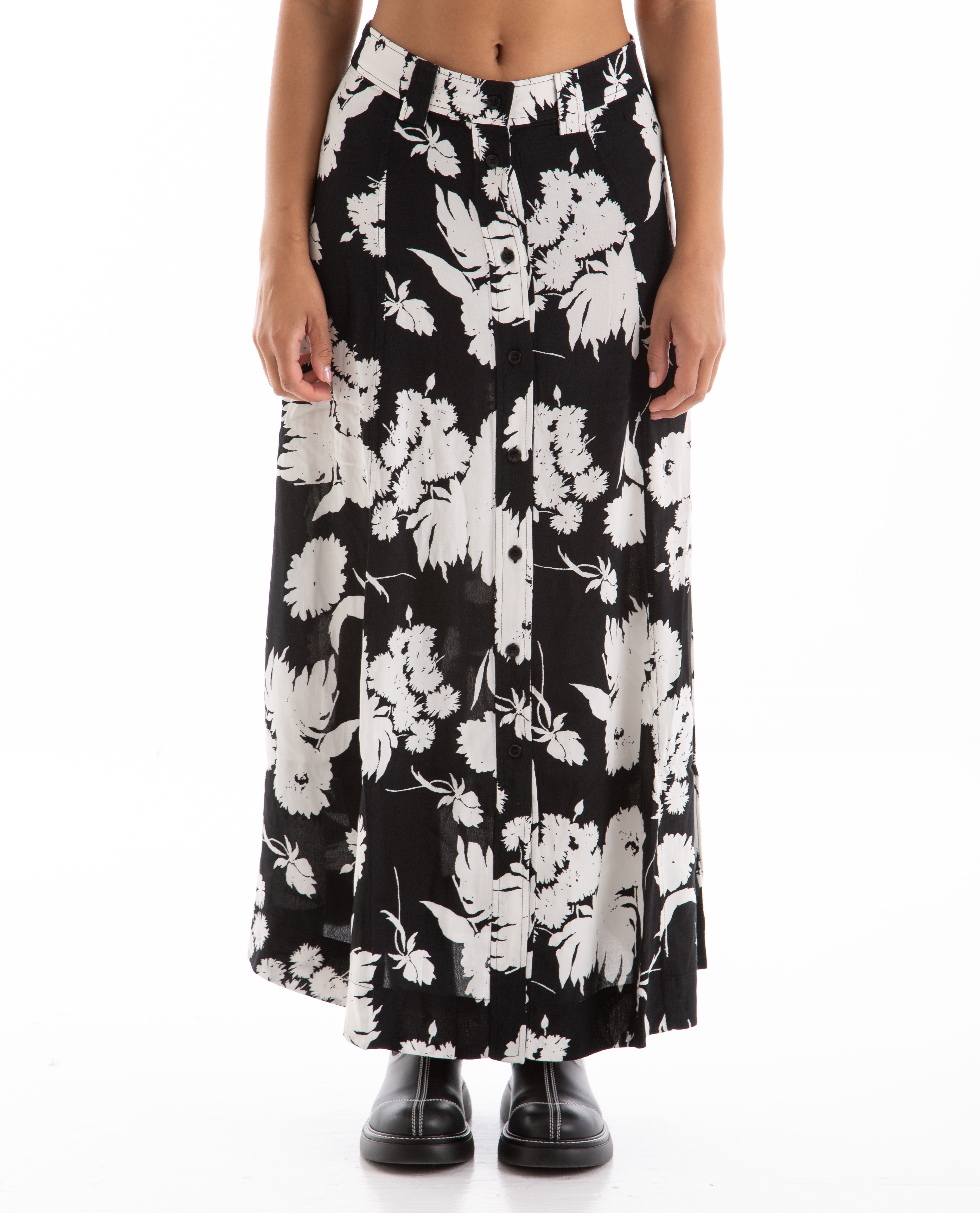 Ganni Printed Crepe Long Skirt - Black | Garmentory