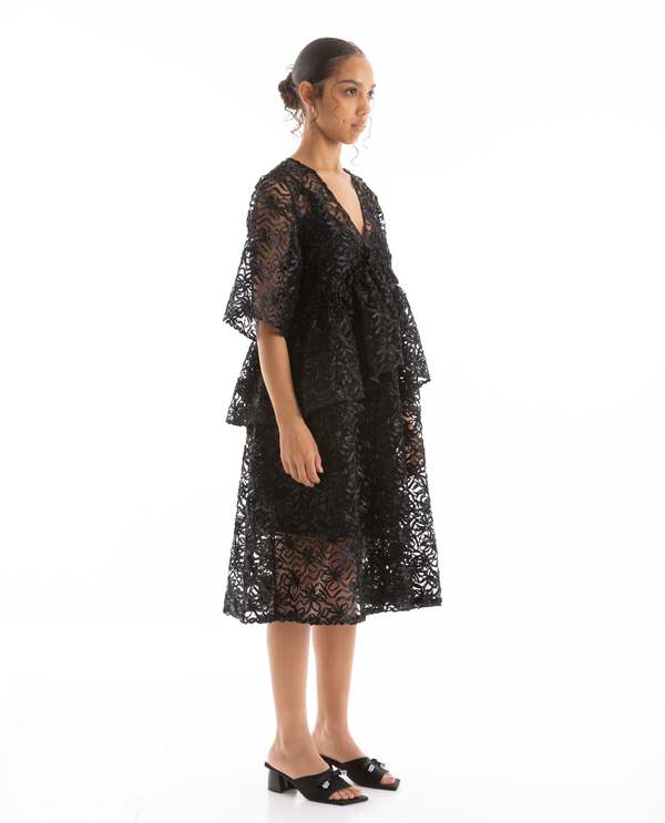 Ganni Ribbon Tulle Flounce Midi Dress - Black | Garmentory