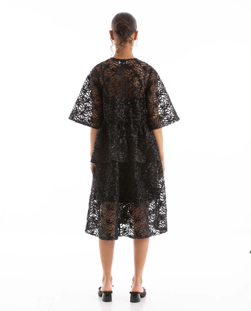 Ganni Ribbon Tulle Flounce Midi Dress - Black | Garmentory Ganni Ribbon Tulle Flounce Midi Dress - Black | Garmentory