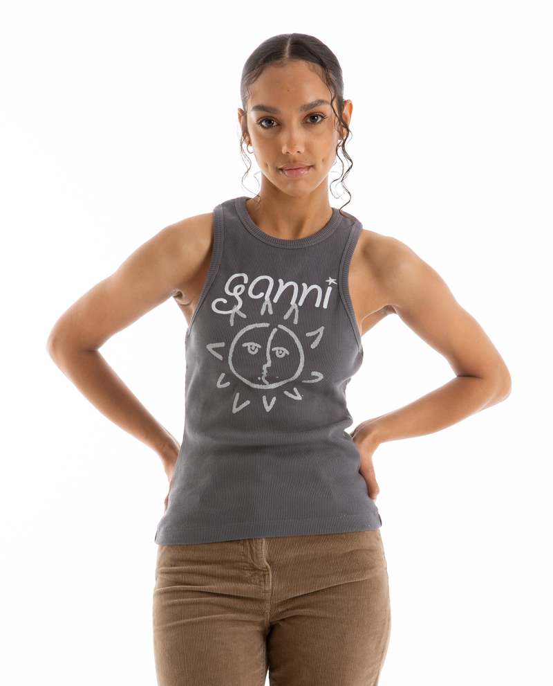 Ganni Graphic Rib Sun Tank Top - VOLC ASH | Garmentory
