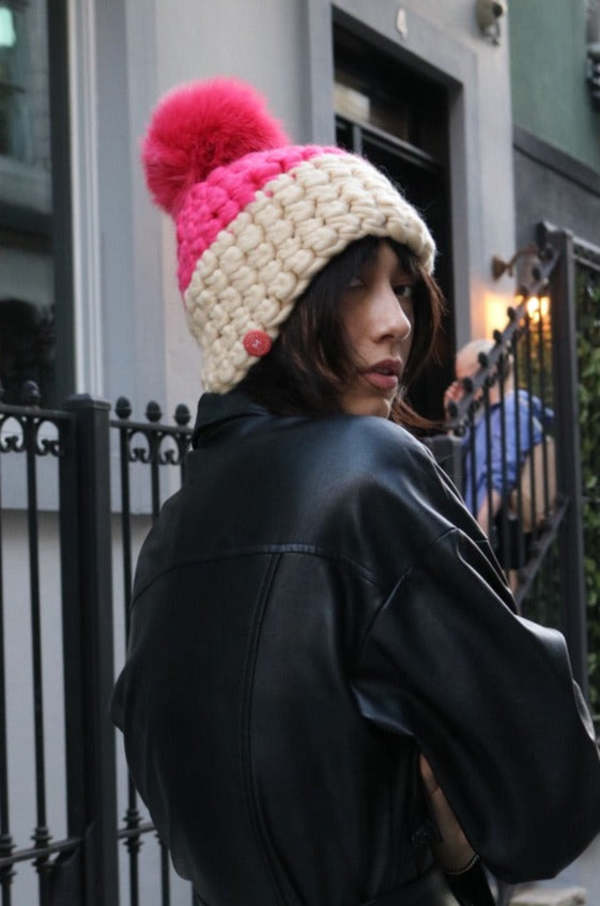 mischa lampert - candy | buttermilk color block beanie + coral xl pom