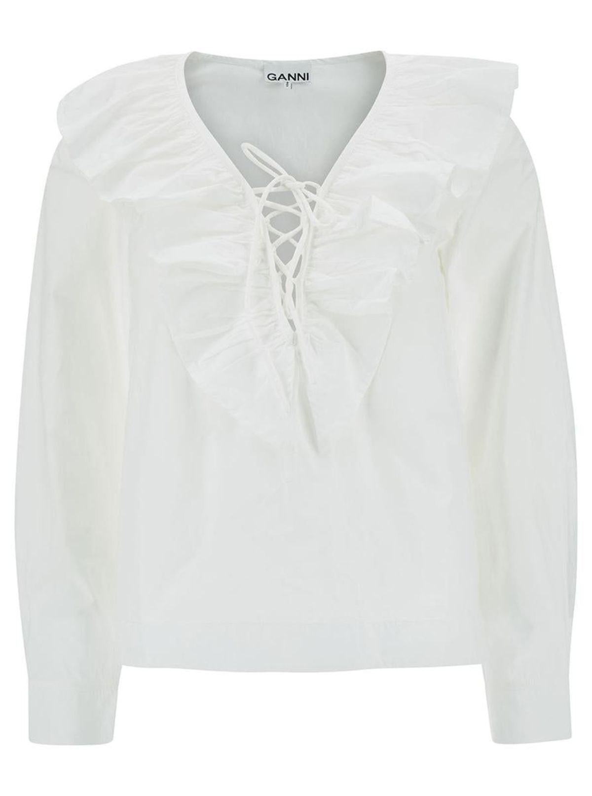 Cotton Poplin Ruffle V-neck Blouse | Garmentory Ganni Cotton Poplin V-neck Ruffle Blouse