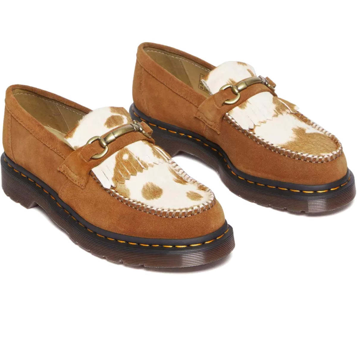 Dr. Martens Adrian Snaffle Hair-On Cow Print Kiltie Loafers 