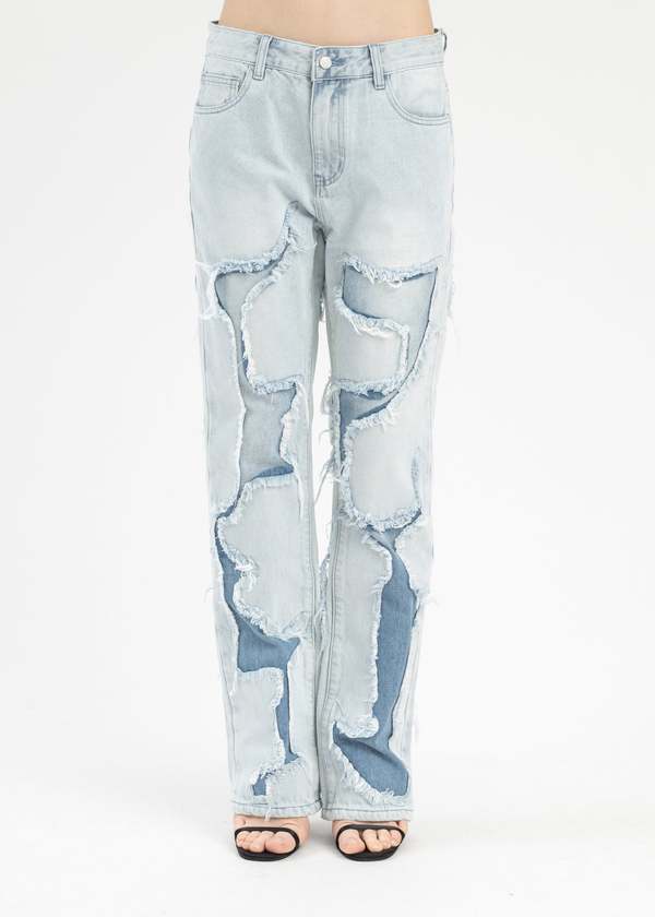 RICHGAINER WASHED LIGHT BLUE PATCHWORK JEANS - blue