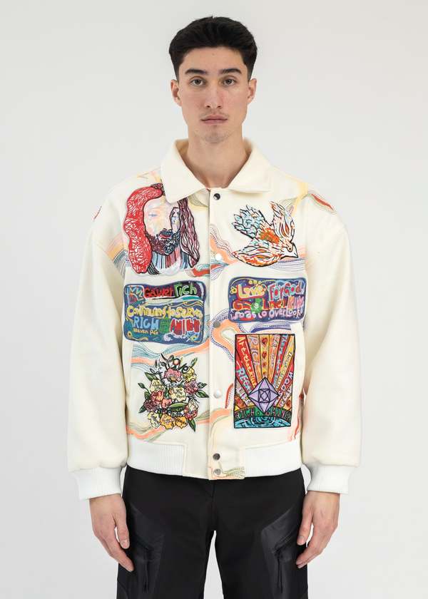  RICHGAINER EMBROIDERY PATCHWORK BOMBER JACKET - WHITE