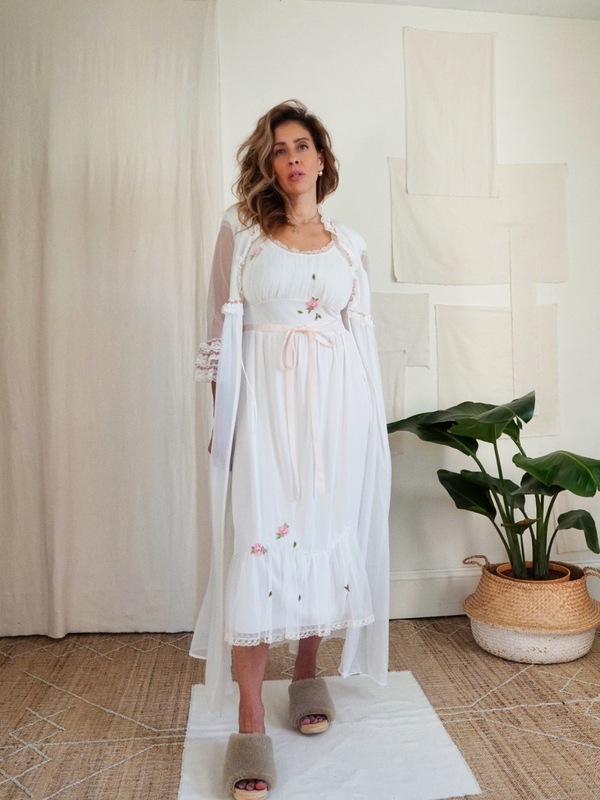 White Long Night Gown ANTIQUE With Linen Lace