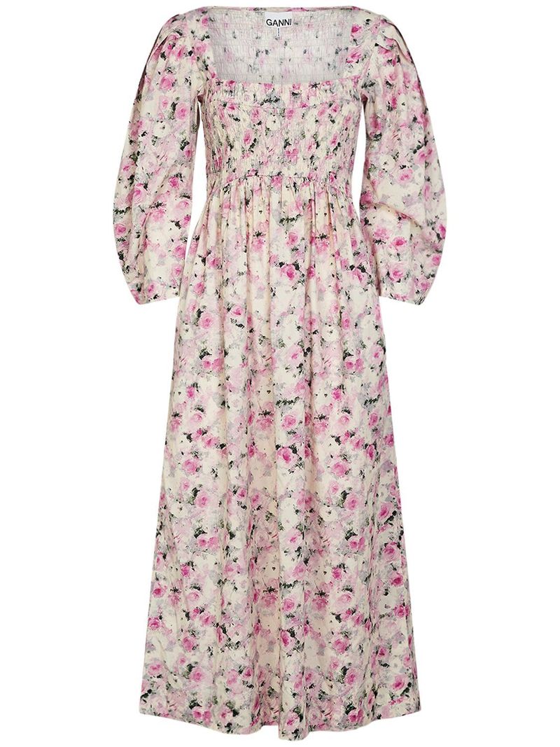 ganni smocked maxi dress Ganni Smocked Satin Maxi Dress