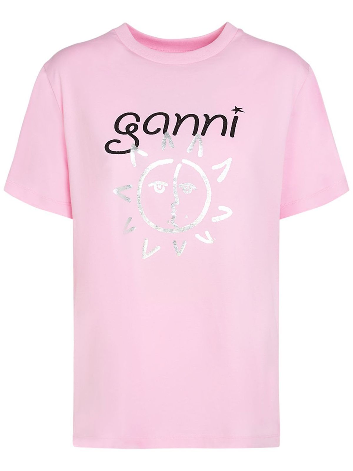 GANNI グレー 半袖Tシャツ ピンクロゴ ガニー GANNI GANNI 半袖 Tシャツ Basic cotton Jersey T-shirt ロゴ