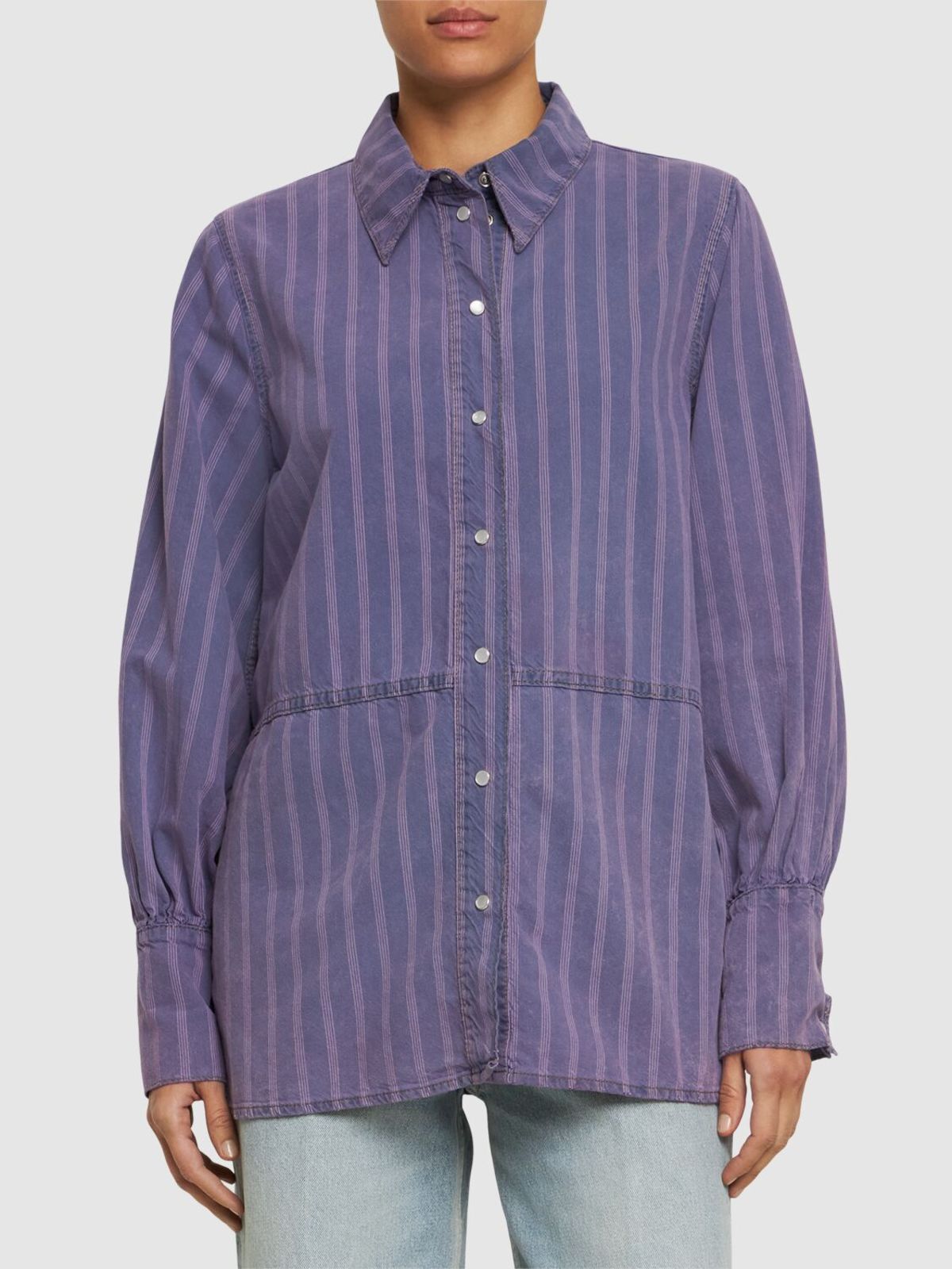 Ganni Striped Light Cotton Denim Shirt - Mid Blue Stone