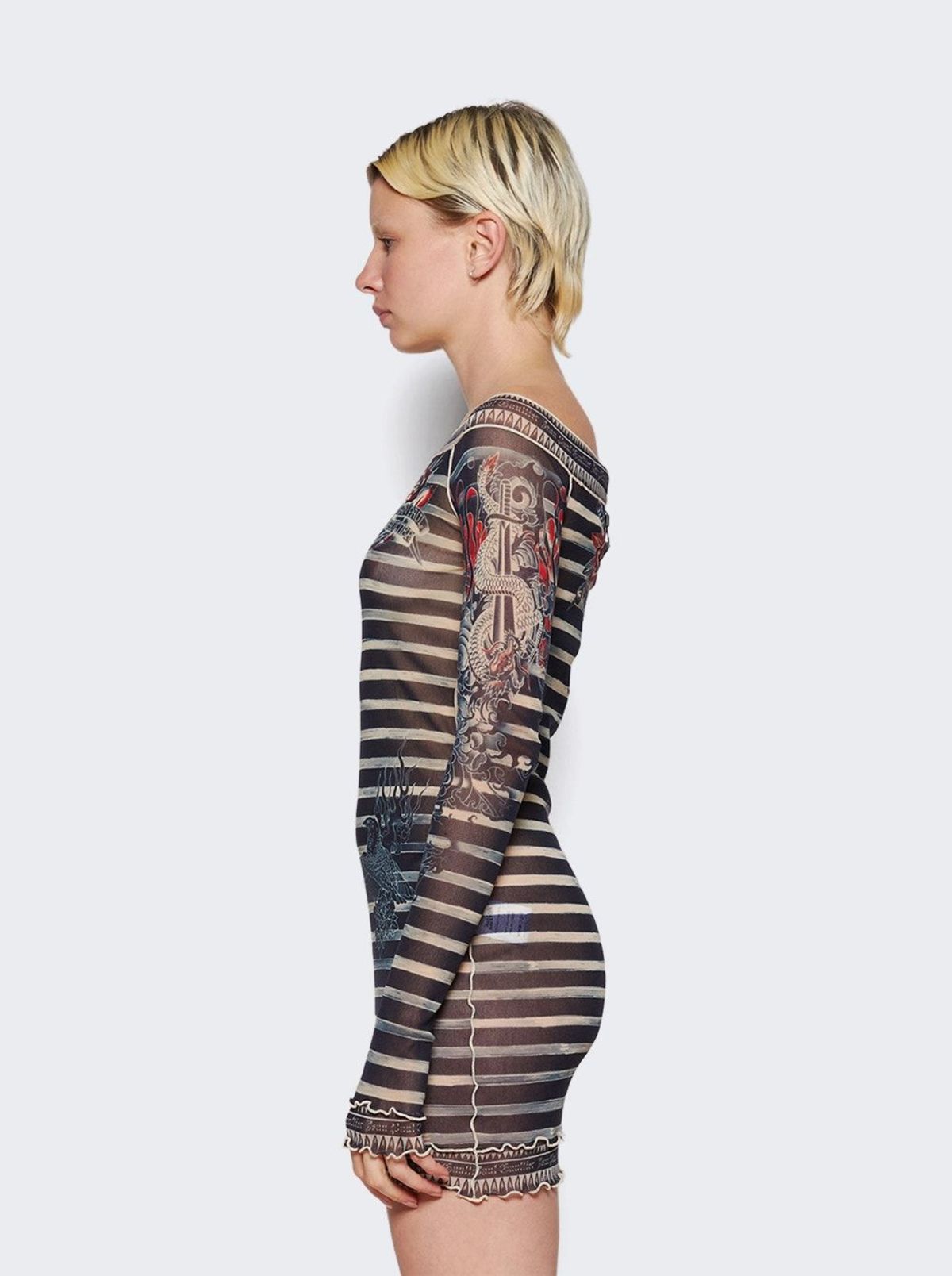 jean paul gaultier mariniere tattoo mini dress Jean Paul Gaultier Marinire Printed Layered Tulle Mini Dress White Jean  Paul Gaultier