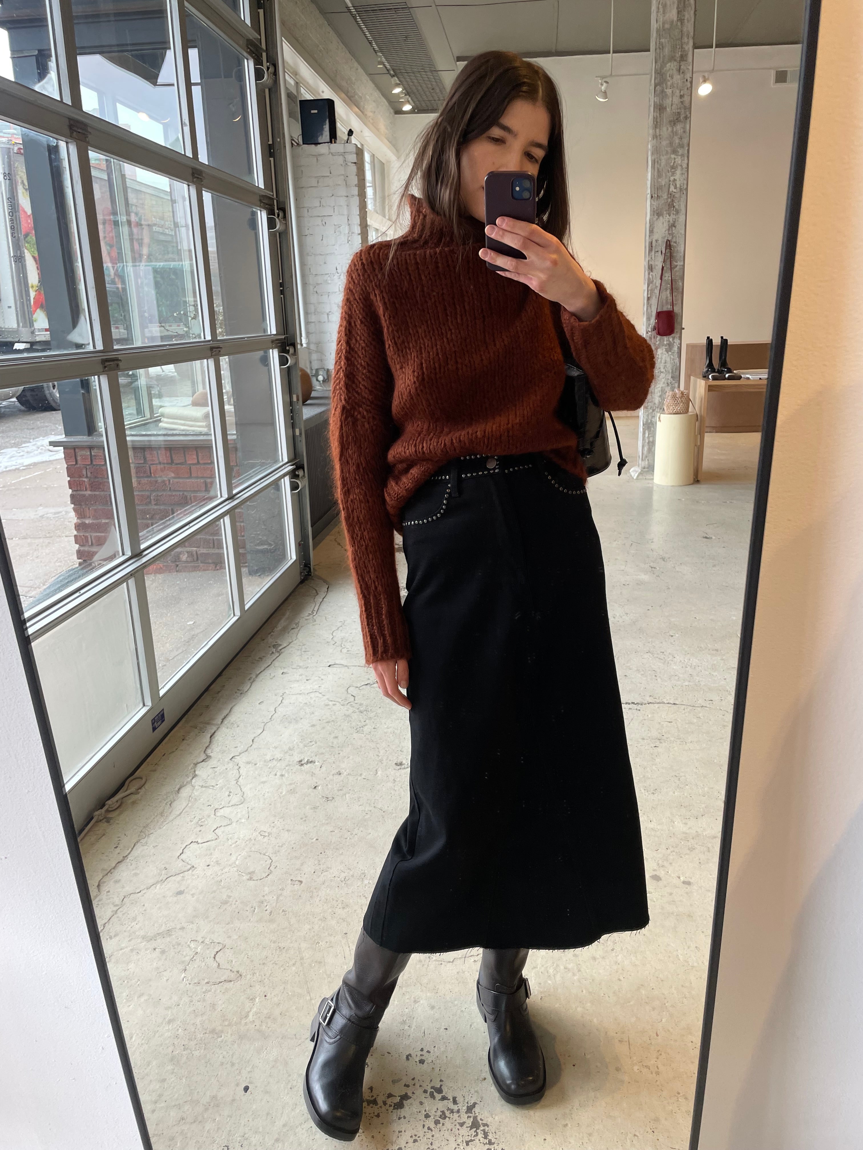 Moon River Denim Studded Midi Skirt Black