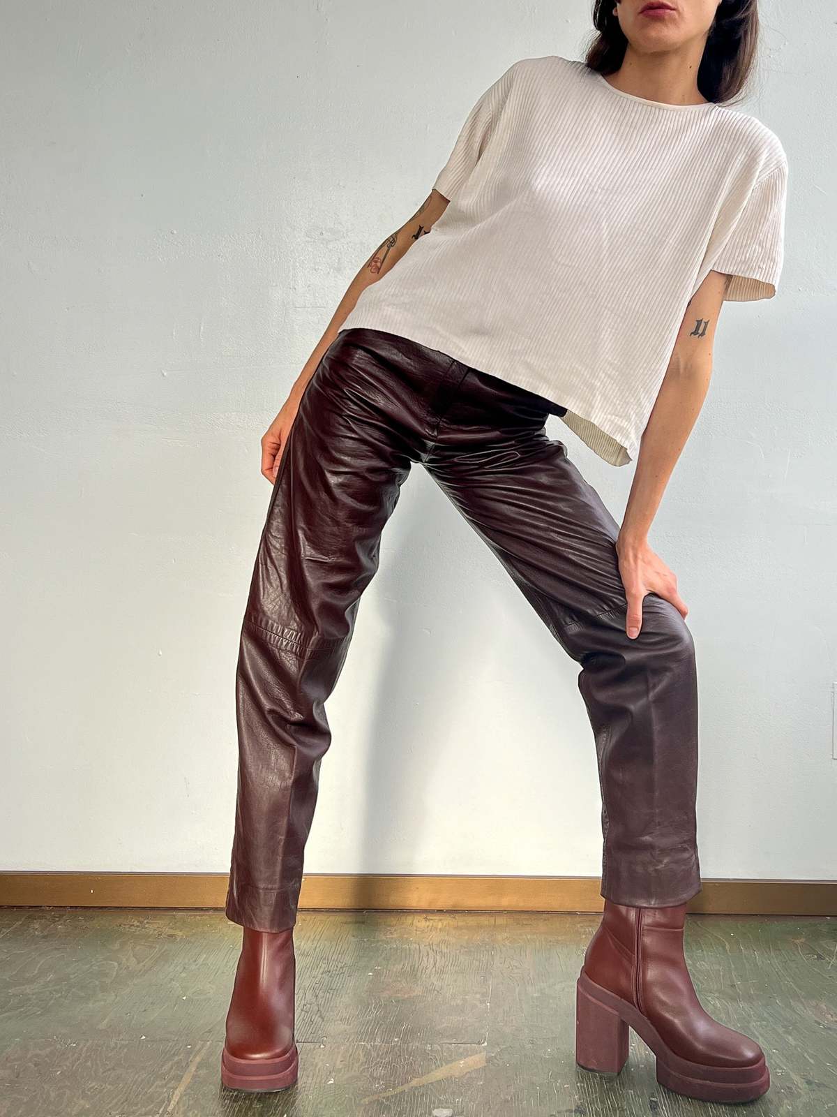 Leather Ruffle Hem Trouser - Chocolate main image 1