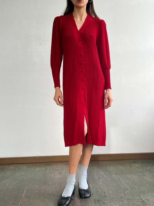 Vintage Mutton Sleeve Knit Dress - Red | Garmentory