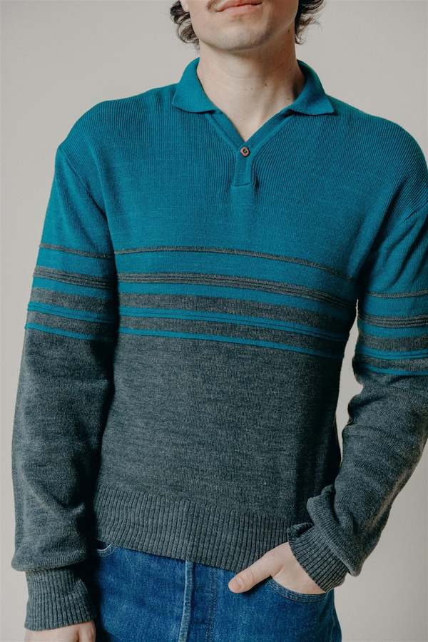 Vintage Teal Stripe Polo - Teal/Grey