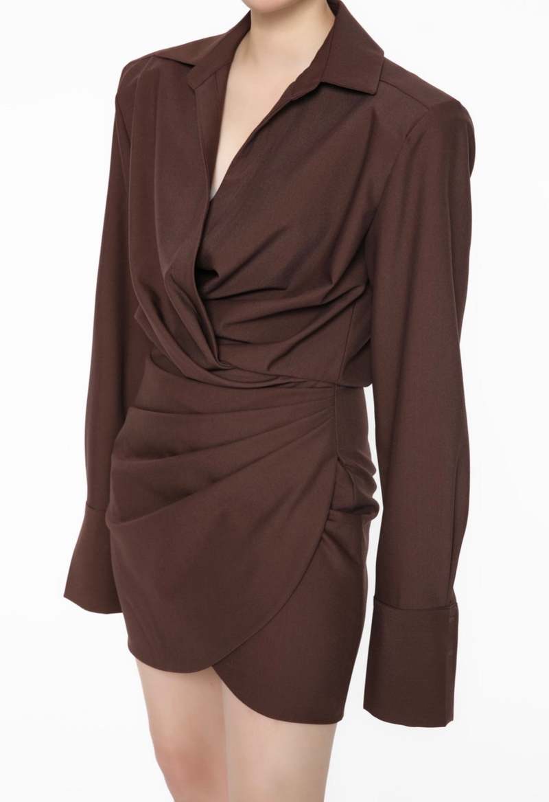 NKC Long Sleeve Deep V Dress - Brown