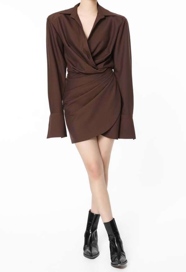 NKC Long Sleeve Deep V Dress - Brown