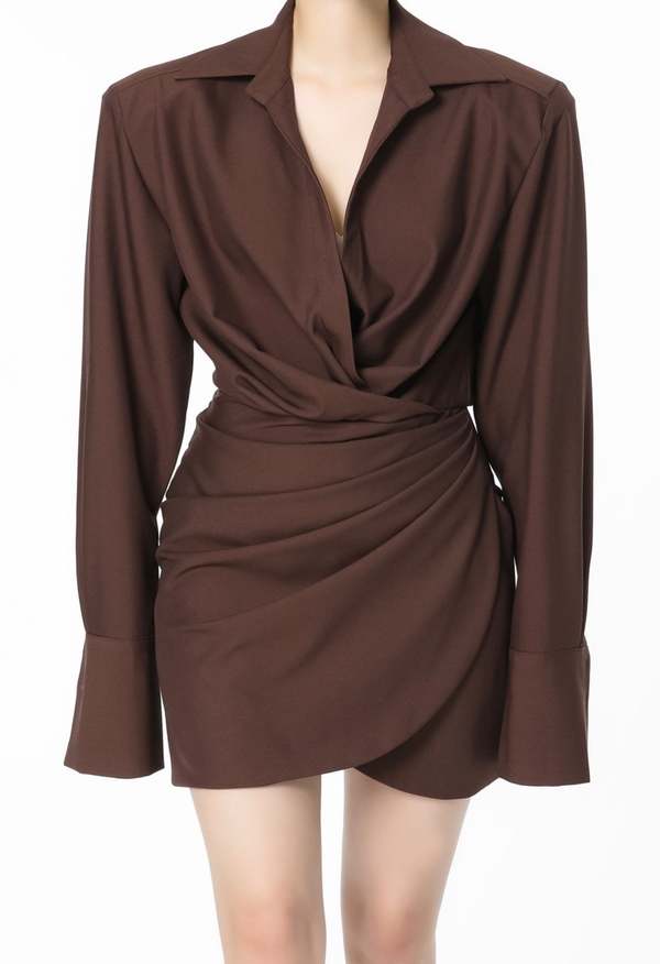NKC Long Sleeve Deep V Dress - Brown
