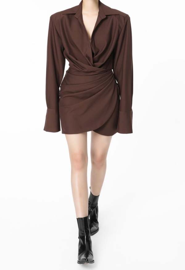 NKC Long Sleeve Deep V Dress - Brown