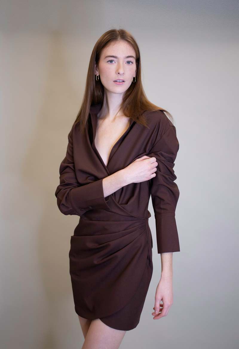 NKC Long Sleeve Deep V Dress - Brown