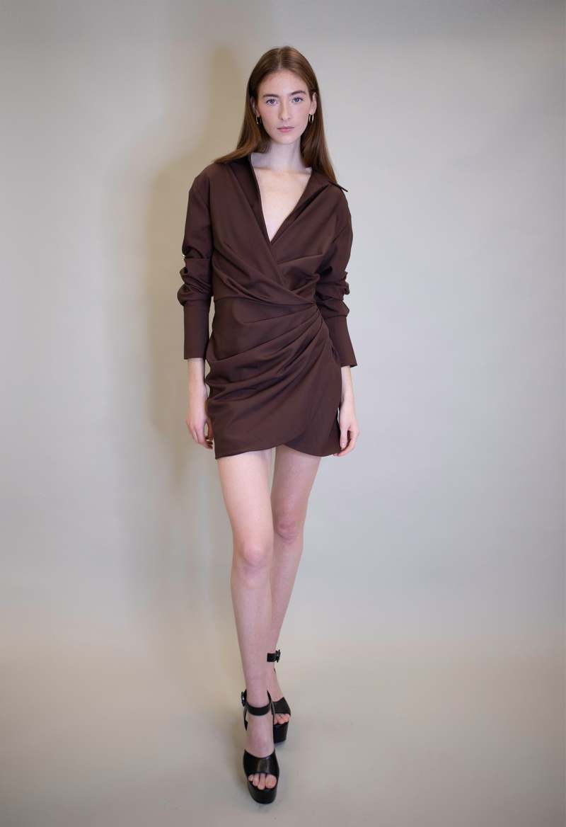 NKC Long Sleeve Deep V Dress - Brown