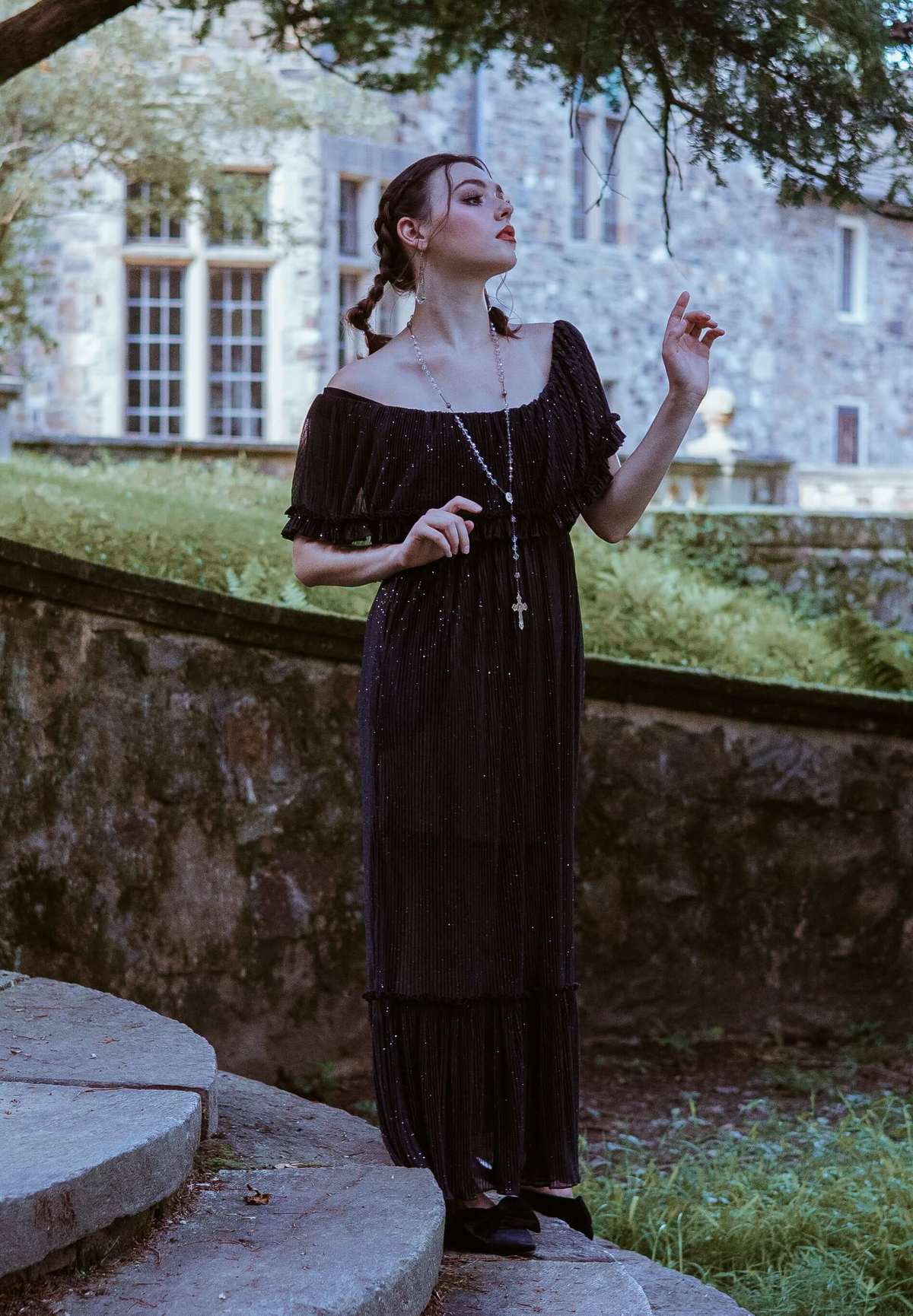 open lace back dress Kingsley Pleated Column Dress