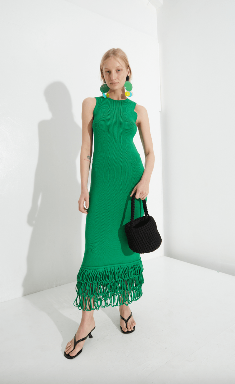 knee length dresses for ladies Attersee Albers Dress in Structured Wool-Silk Black