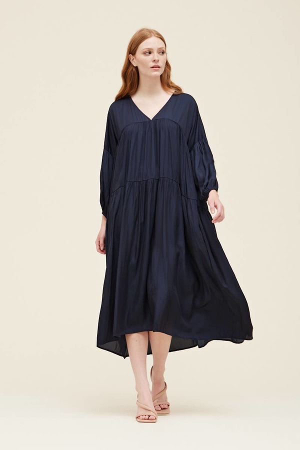 knee length dresses for ladies Rosie Assoulin Balloon-Sleeve Dress Navy 2