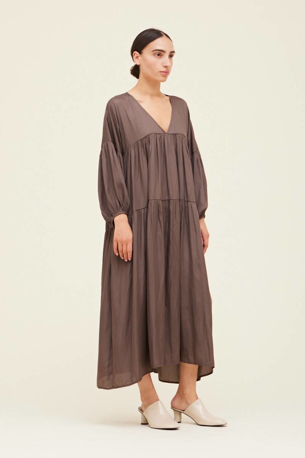 Grade & Gather BALLOON SLEEVE SATIN MIDI DRESS | Garmentory