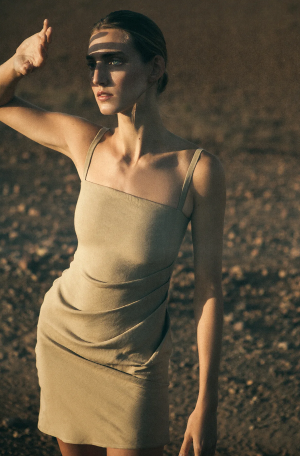 Anemos The Nadege Asymmetric Draped Mini Dress - Sandstone | Garmentory