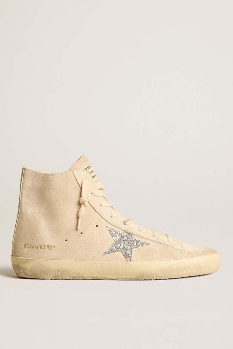 Golden Goose Francy Sneaker w Suede Upper Glitter Star and Leather List  Sneaker Seedpearl/Silver