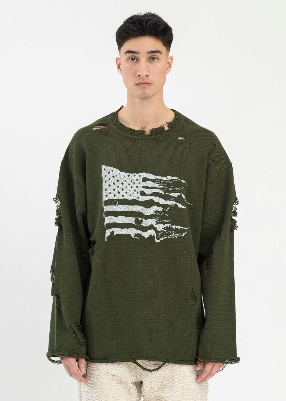 KAMIYA Destroyed Printed Knit L/S Tee - Khaki | Garmentory