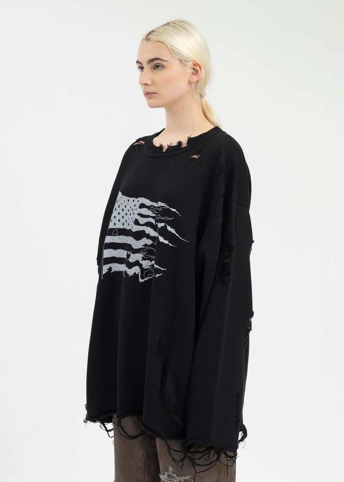 KAMIYA Destroyed Printed Knit L/S Tee - Black | Garmentory