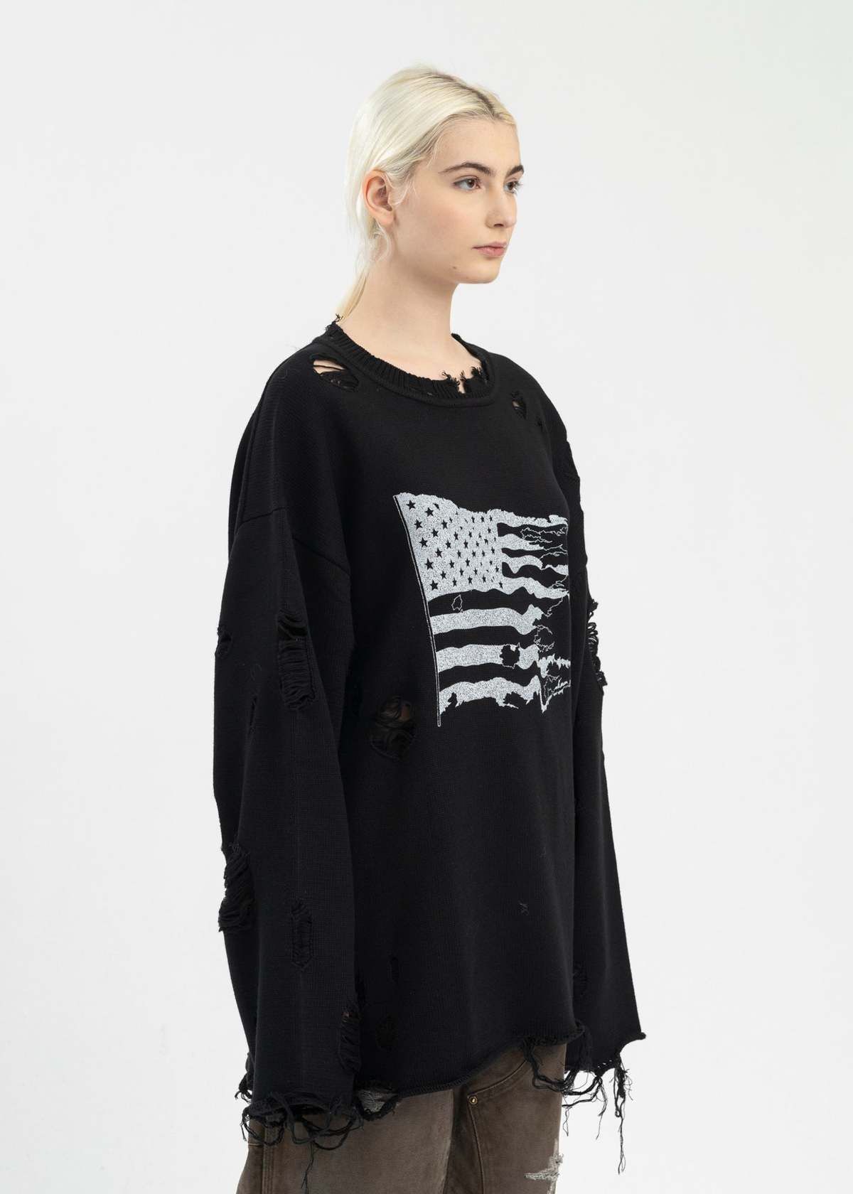 KAMIYA Destroyed Printed Knit L/S Tee - Black | Garmentory