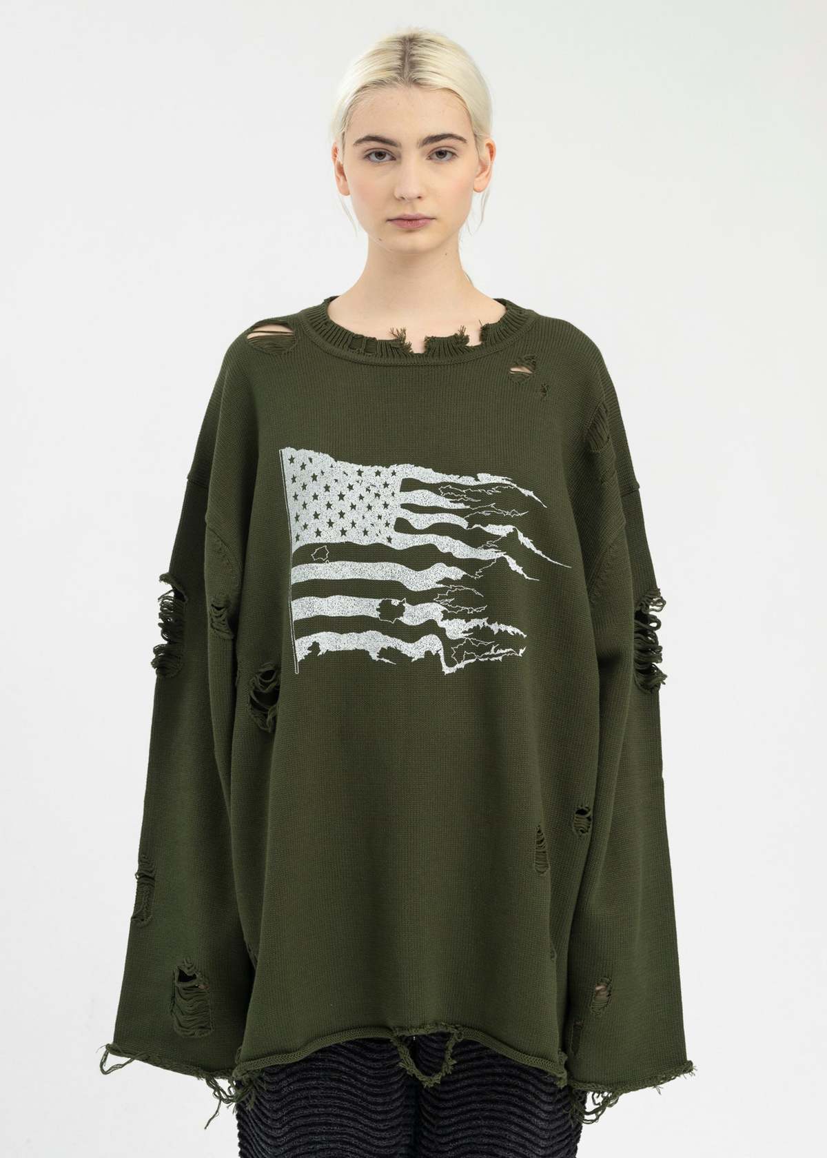 KAMIYA Destroyed Printed Knit L/S Tee - Khaki | Garmentory