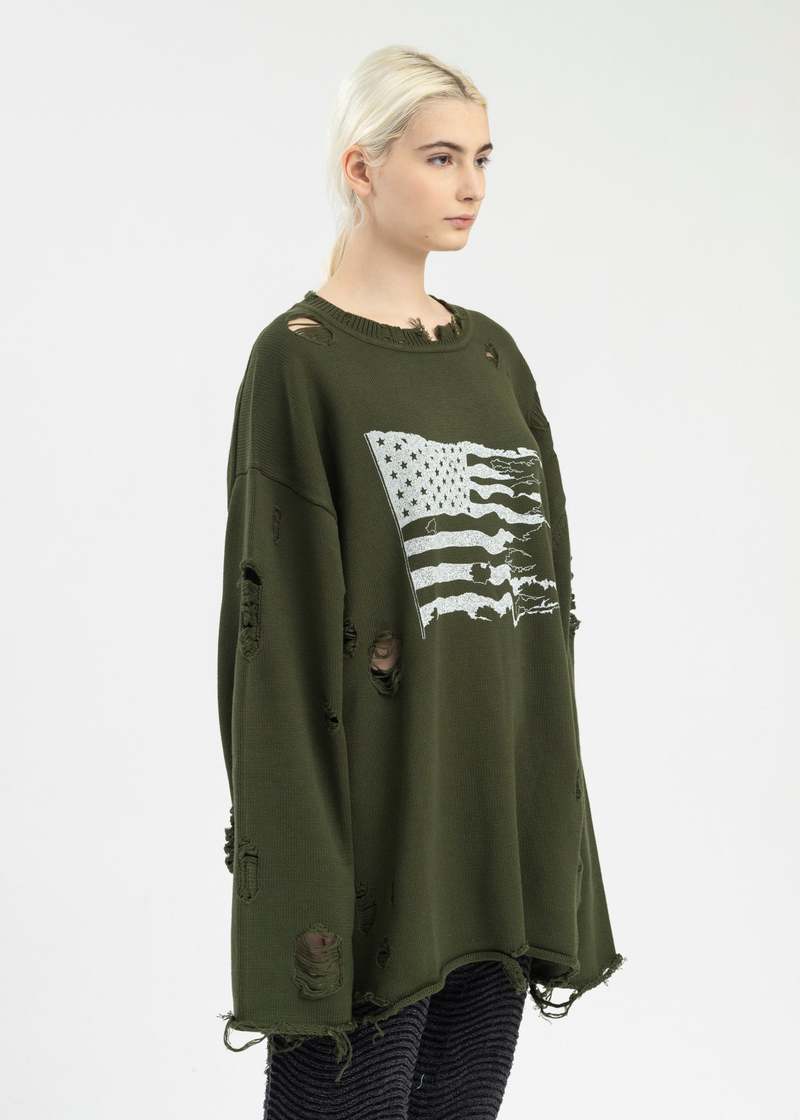 KAMIYA Destroyed Printed Knit L/S Tee - Khaki | Garmentory
