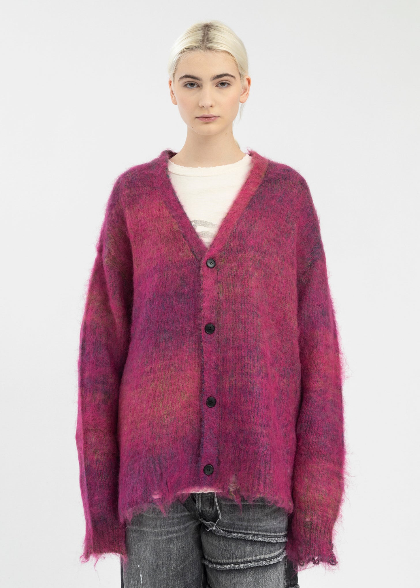 トップス KAMIYA Kasuri Mohair Cardigan (24aw) KAMIYA Kasuri Mohair Cardigan - Pink | Garmentory