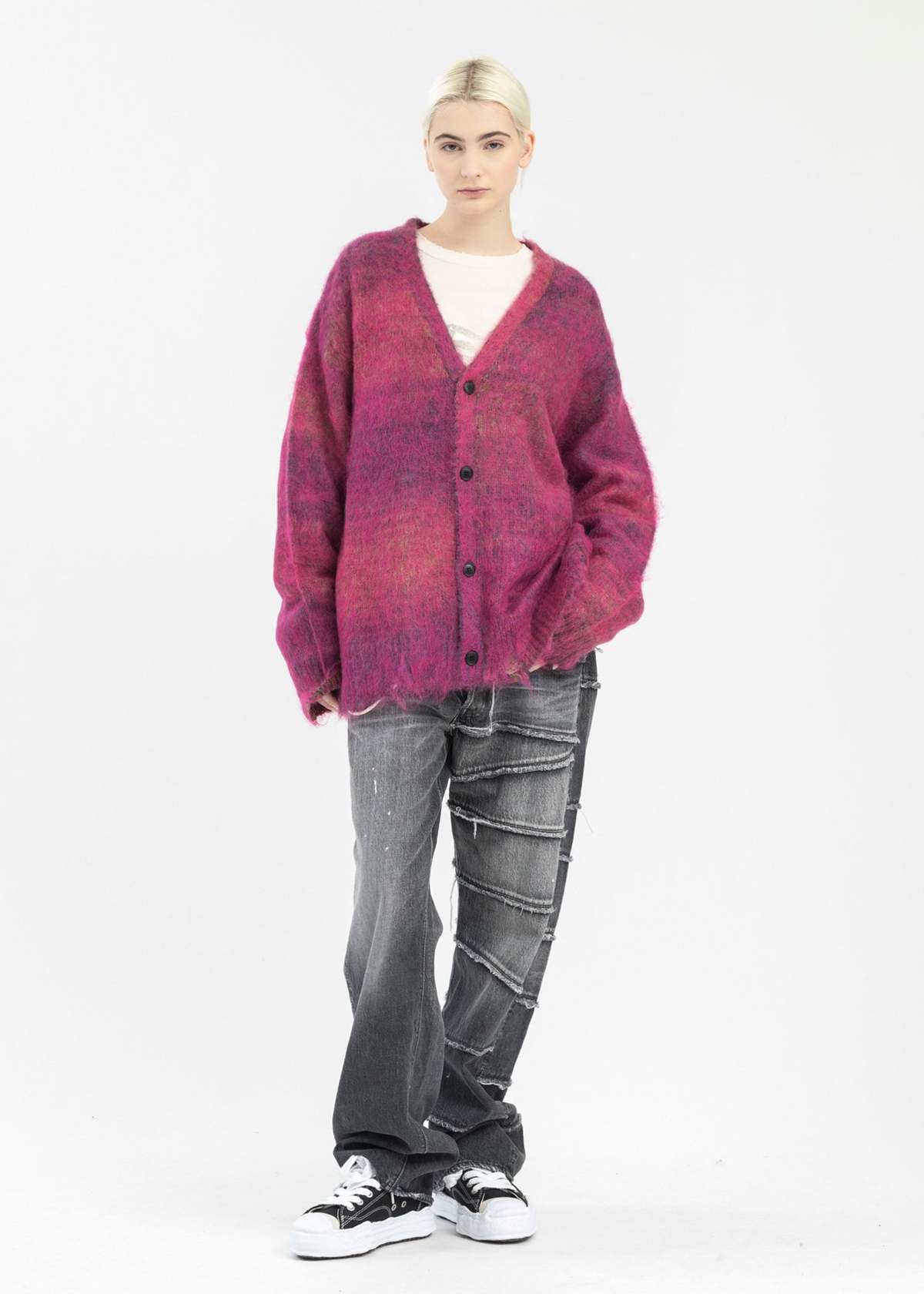 トップス KAMIYA Kasuri Mohair Cardigan (24aw) KAMIYA Kasuri Mohair Cardigan - Pink | Garmentory