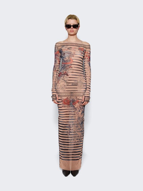 knee length dresses for ladies 1996 Jean Paul Gaultier Tribal Tattoo Mesh Maxi Dress