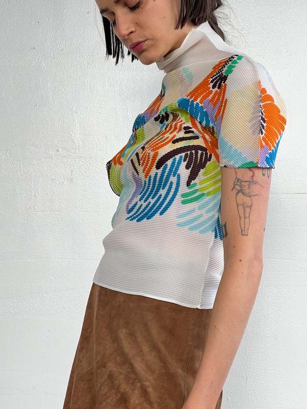 70s-80s【美品】ISSEY MIYAKE デザイン半袖サマーニット Vintage Issey Miyake Me Colorful Strokes Top - White/Multi