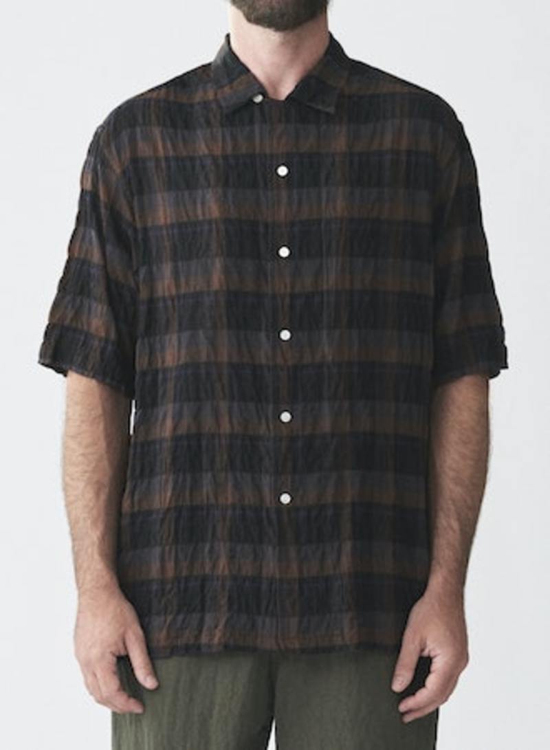 Sage de Cret Shirring Check Short Sleeve Open Collar Shirt - Brown