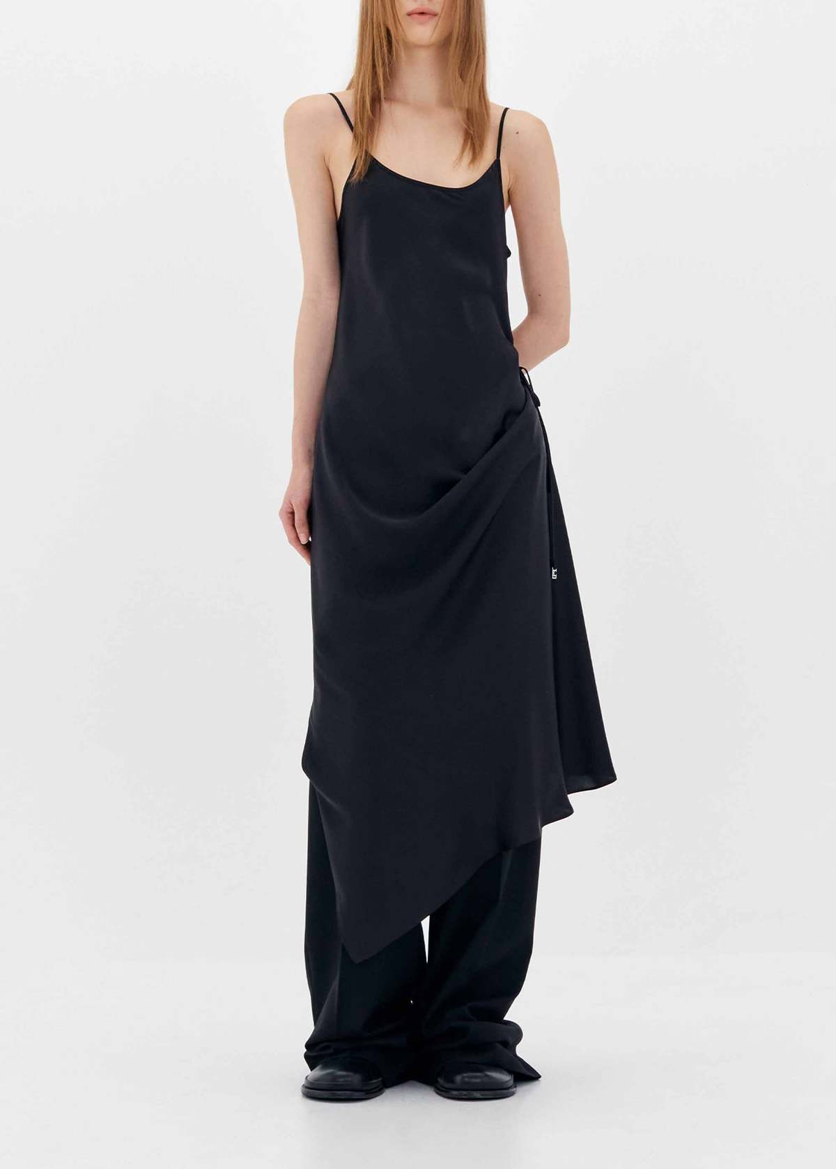 Isola | Black Asymmetric-Neck Midi Dress With Hanky-Hem